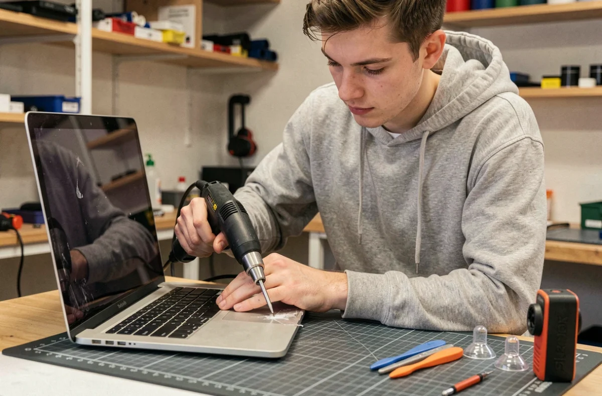 Jeune technicien utilisant un décapeur thermique pour réparer l'écran d'un MacBook dans l'atelier A2Z Informatique à Trégueux