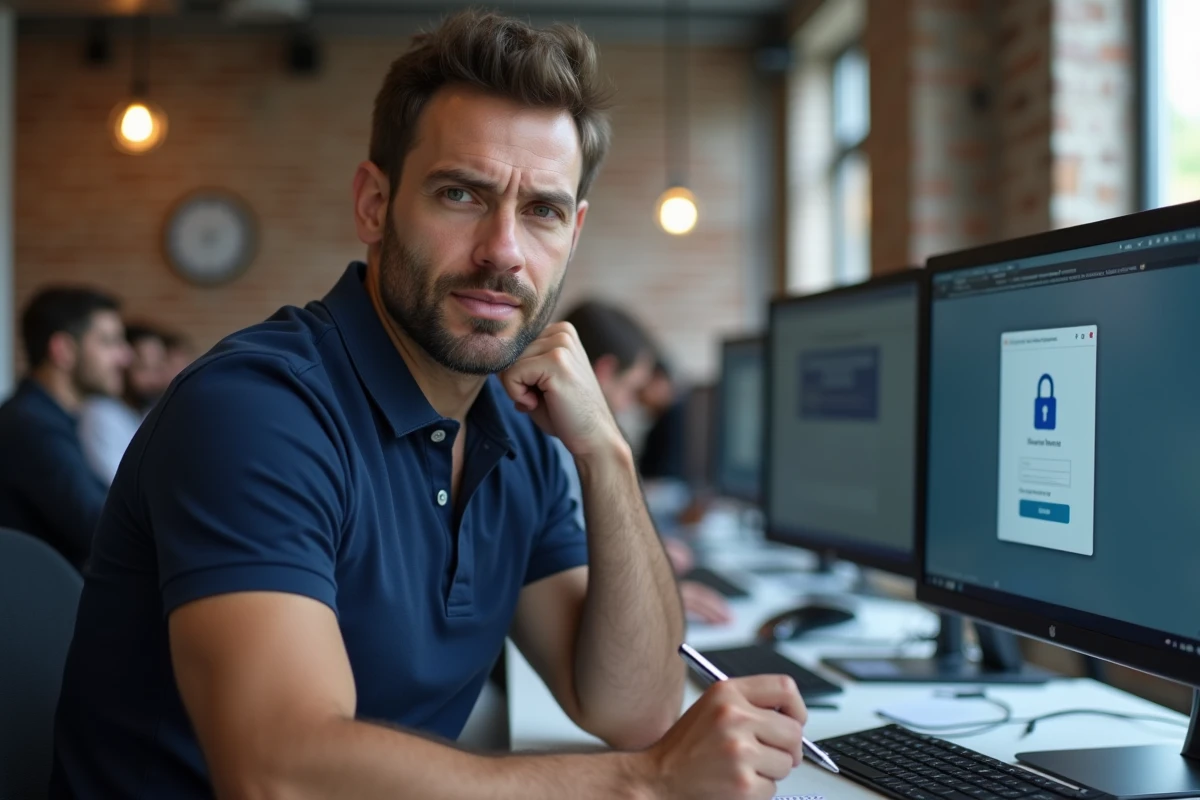 Homme accédant à son compte mail AOL depuis un ordinateur partagé dans un espace de coworking