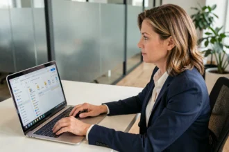 Professionnelle accédant à sa messagerie Zimbra depuis un ordinateur portable en entreprise, illustrant les bonnes pratiques de conformité pour l'accès à distance