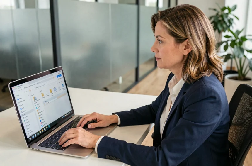 Professionnelle accédant à sa messagerie Zimbra depuis un ordinateur portable en entreprise, illustrant les bonnes pratiques de conformité pour l'accès à distance