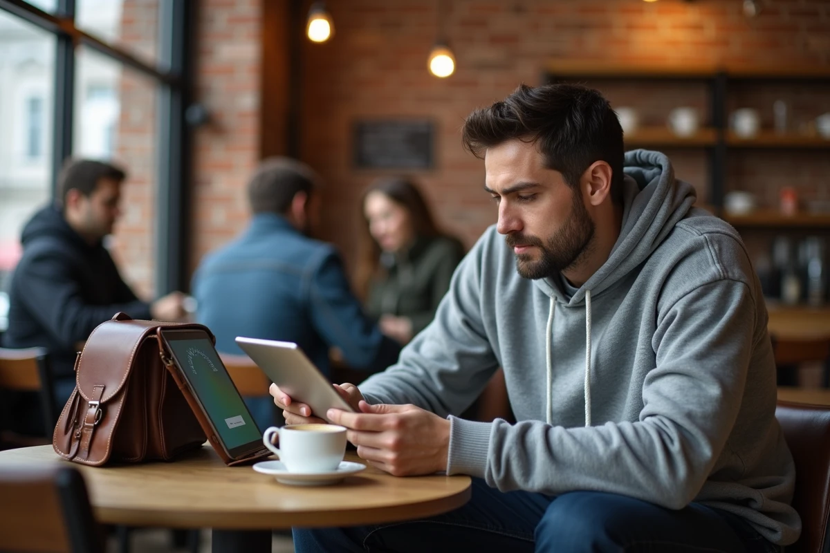 Homme se connectant à un webmail depuis un café public en utilisant une tablette