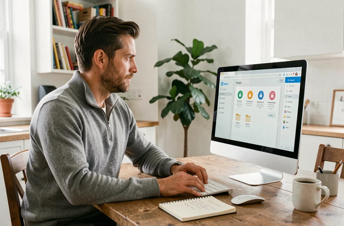 Homme travaillant depuis chez lui en accédant à un webmail sécurisé de type Zimbra, illustrant la conformité et la sécurité de l'accès à distance
