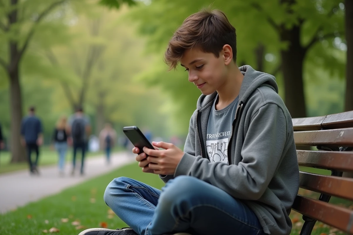 Adolescent utilisant son smartphone sur un banc dans un parc