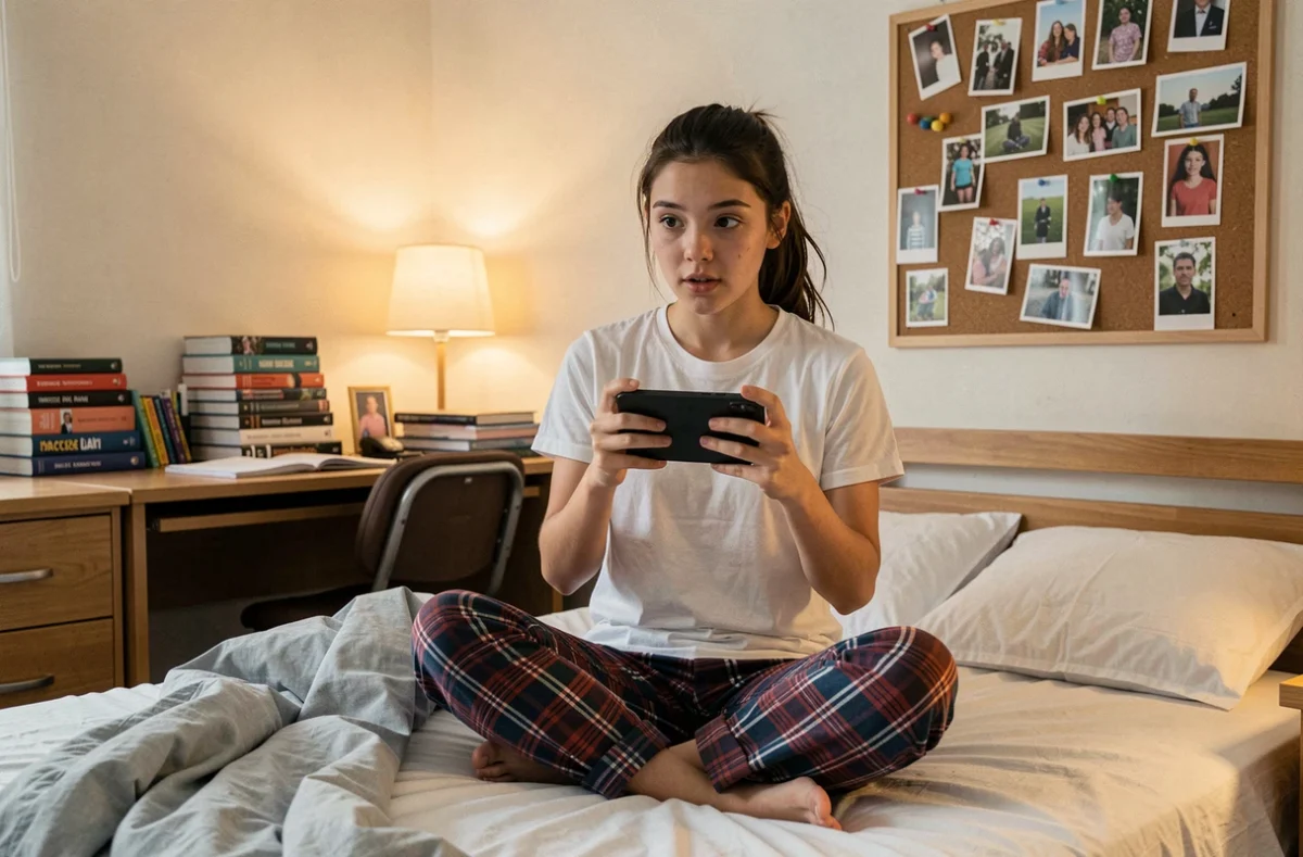 Adolescente regardant des megastories Snapchat sur son téléphone dans sa chambre d'étudiante