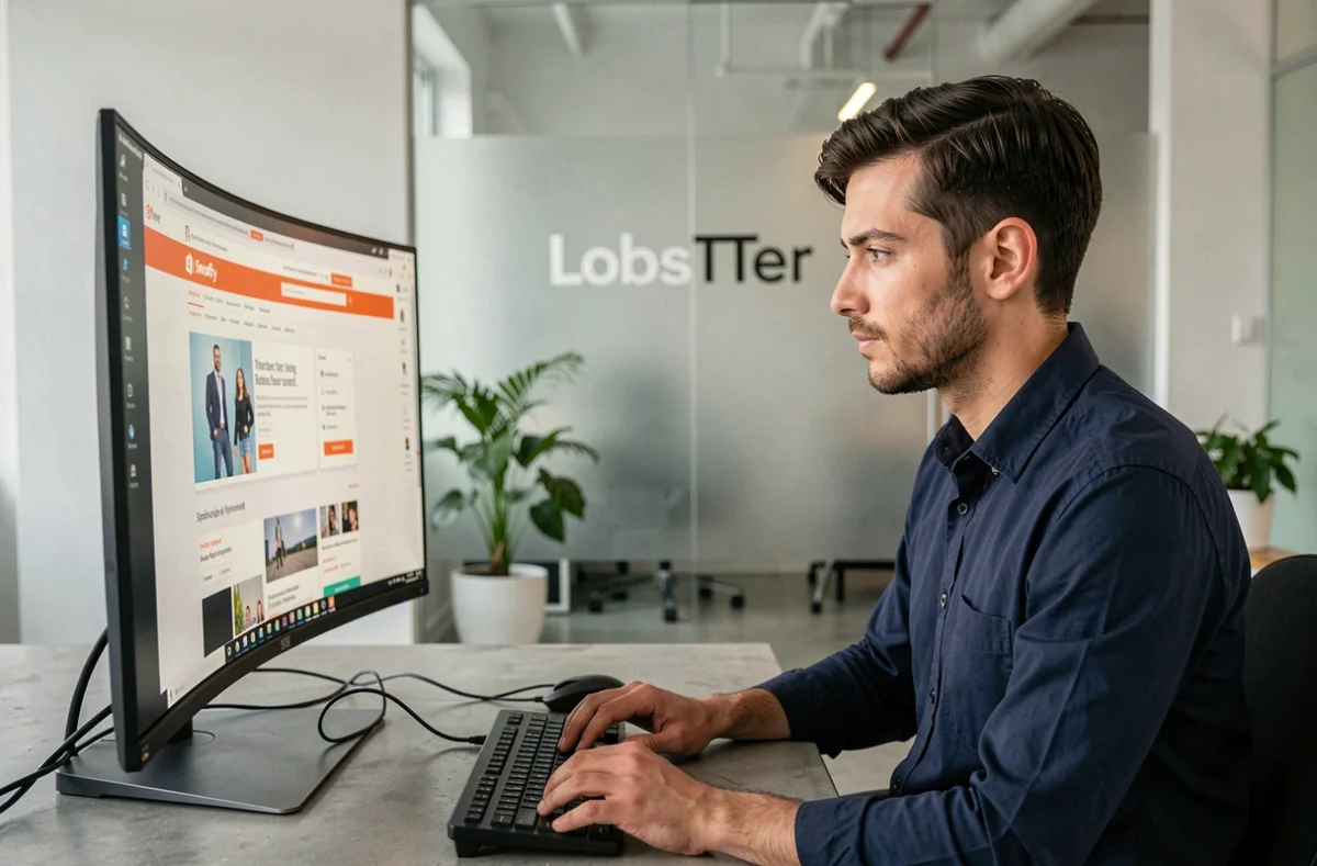 Développeur de l'agence LobsTTer concentré sur un projet Shopify dans un studio minimaliste brandé