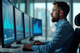 Homme professionnel IT surveillant des écrans de sécurité