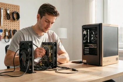 Jeune homme assemblant son premier setup informatique sur un bureau en bois dans un home office moderne