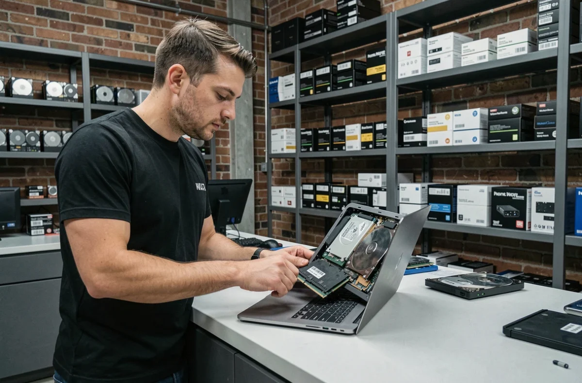 Technicien AtomTech remplaçant la RAM et le SSD d'un ordinateur portable dans un atelier moderne