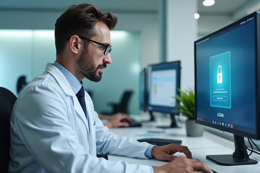 Professionnel de santé authentifiant son accès à la messagerie APHP sur un poste de travail hospitalier sécurisé