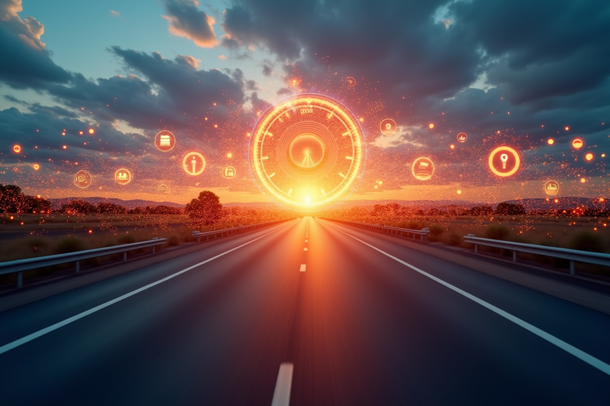Autoroute au lever du soleil avec symbole de vitesse numérique