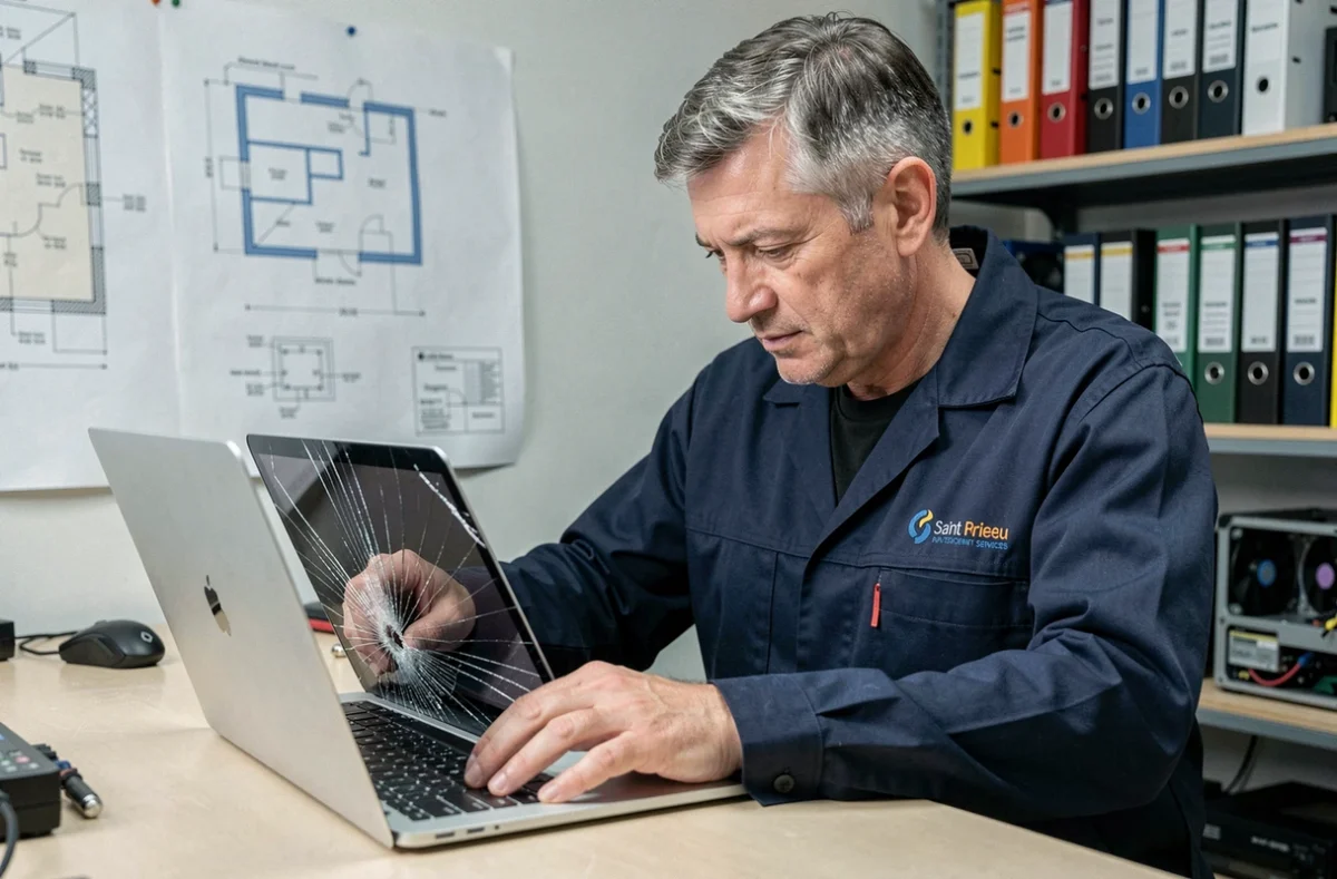 Technicien inspectant un écran de MacBook fissuré dans les locaux de Bati22 à Saint-Brieuc