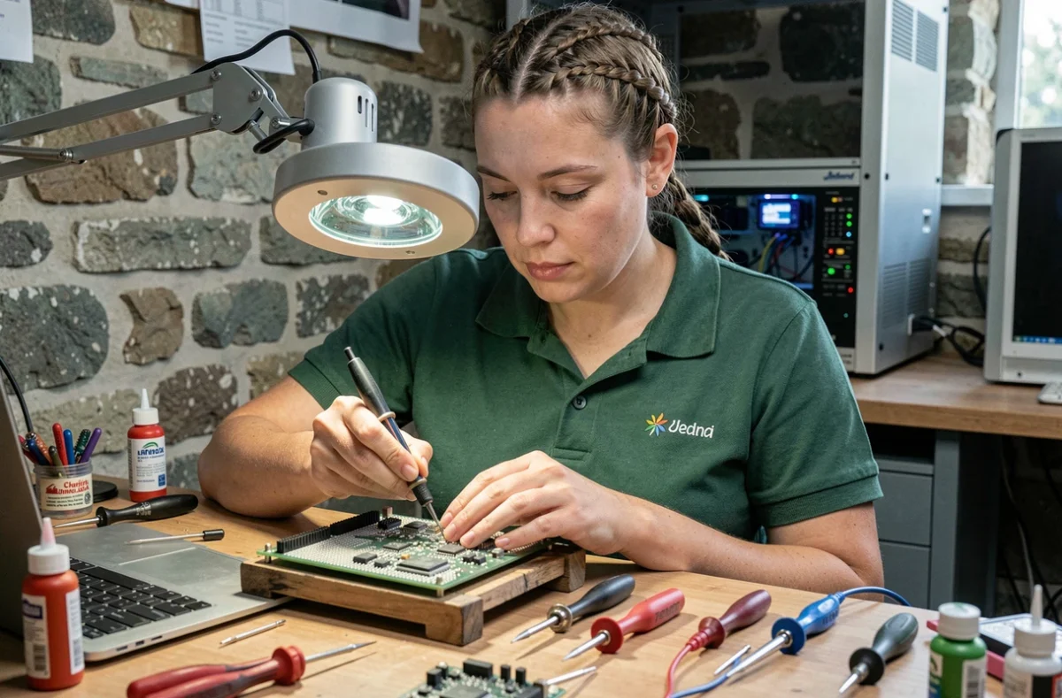 Technicienne soudant un composant sur une carte mère MacBook dans l'atelier Bigoudinformatique à Plédrán
