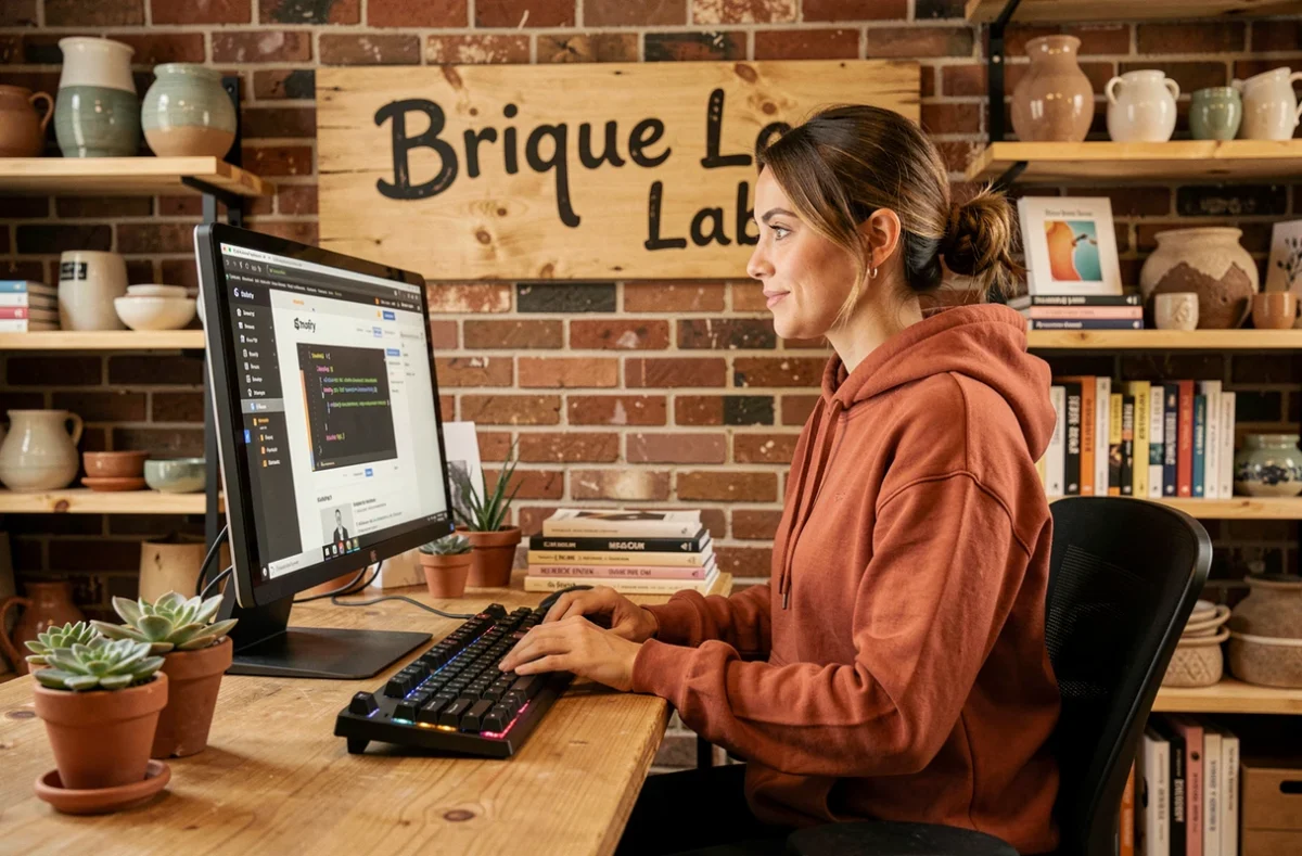 Développeuse web de Brique Lab codant un thème Shopify dans un studio chaleureux aux accents artisanaux