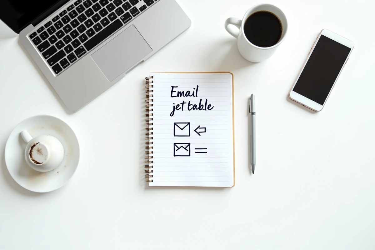 Vue de dessus d'un bureau organisé avec ordinateur, carnet et smartphone illustrant la création d'une adresse email jetable contre les spams
