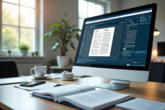 Bureau moderne avec ordinateur et documents scannes