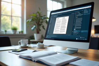 Bureau moderne avec ordinateur et documents scannes