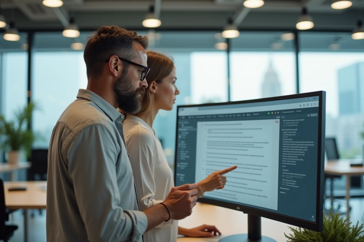 Hommes discutant devant un grand écran dans un open space