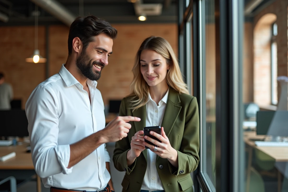 Deux collègues regardant un smartphone affichant le formatage en italique dans WhatsApp dans un espace de travail