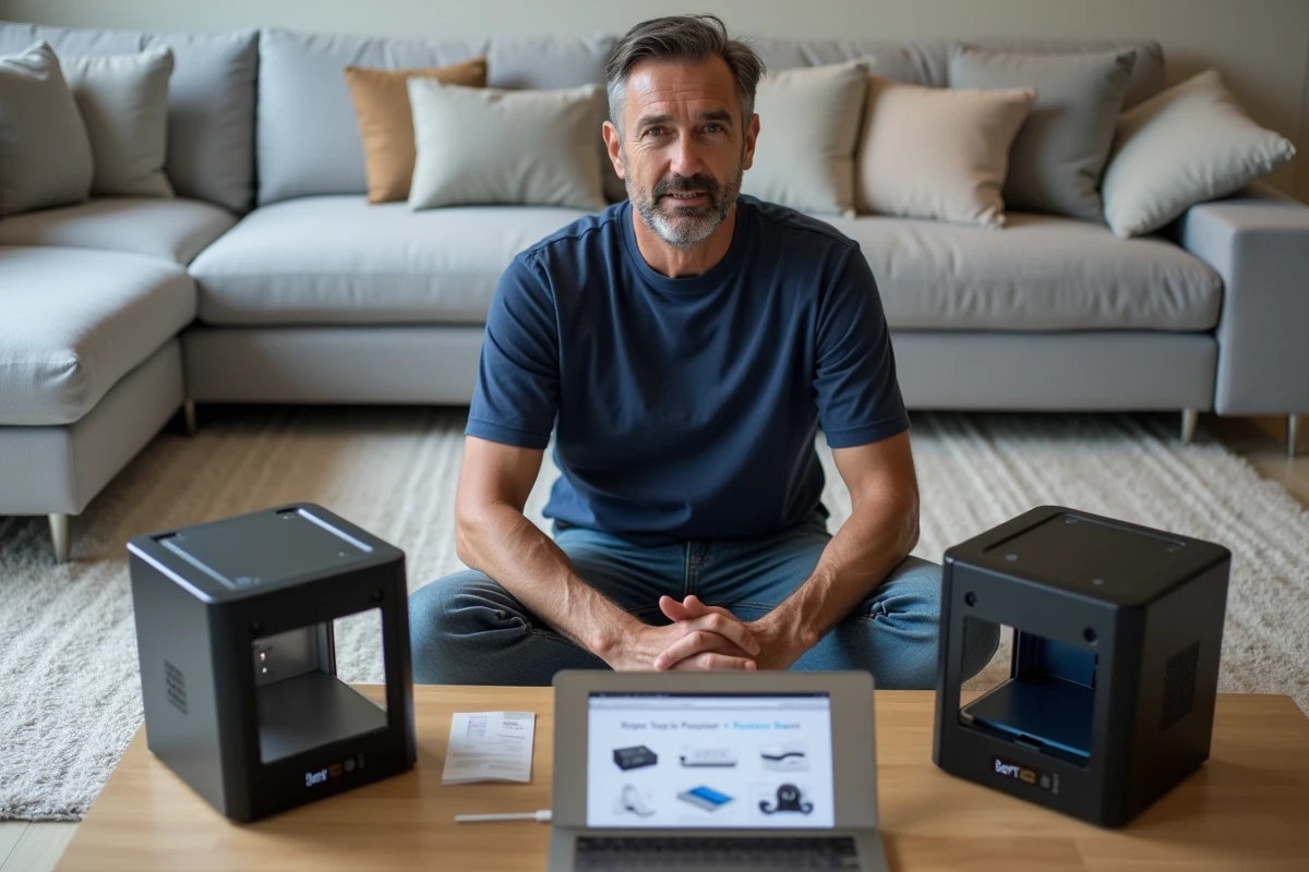 Homme comparant deux imprimantes 3D posées sur une table basse dans un salon avec guide d'utilisation et ordinateur portable