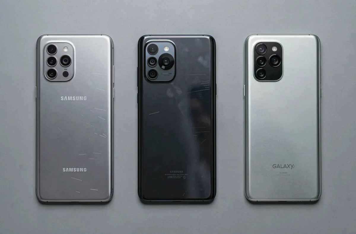 Comparaison côte à côte de trois smartphones dont le Samsung Galaxy posés sur une surface grise pour évaluer la qualité photo