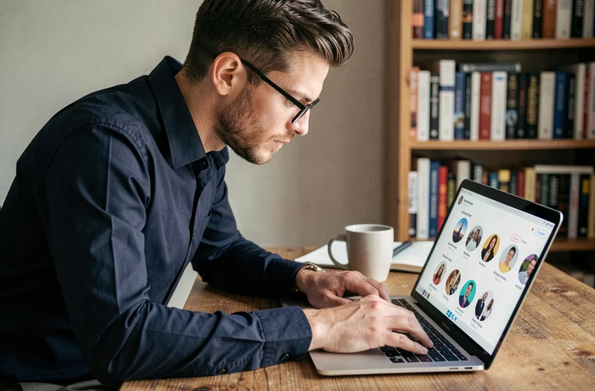 Homme analysant les paramètres de confidentialité des stories Instagram sur un ordinateur portable, représentant la réflexion sur la visibilité des vues anonymes