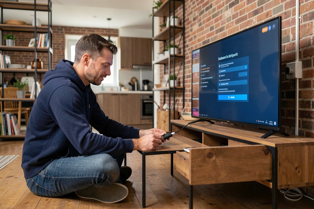 Homme configurant une clé de streaming HDMI sur une télévision pour regarder la TV par Internet sans décodeur