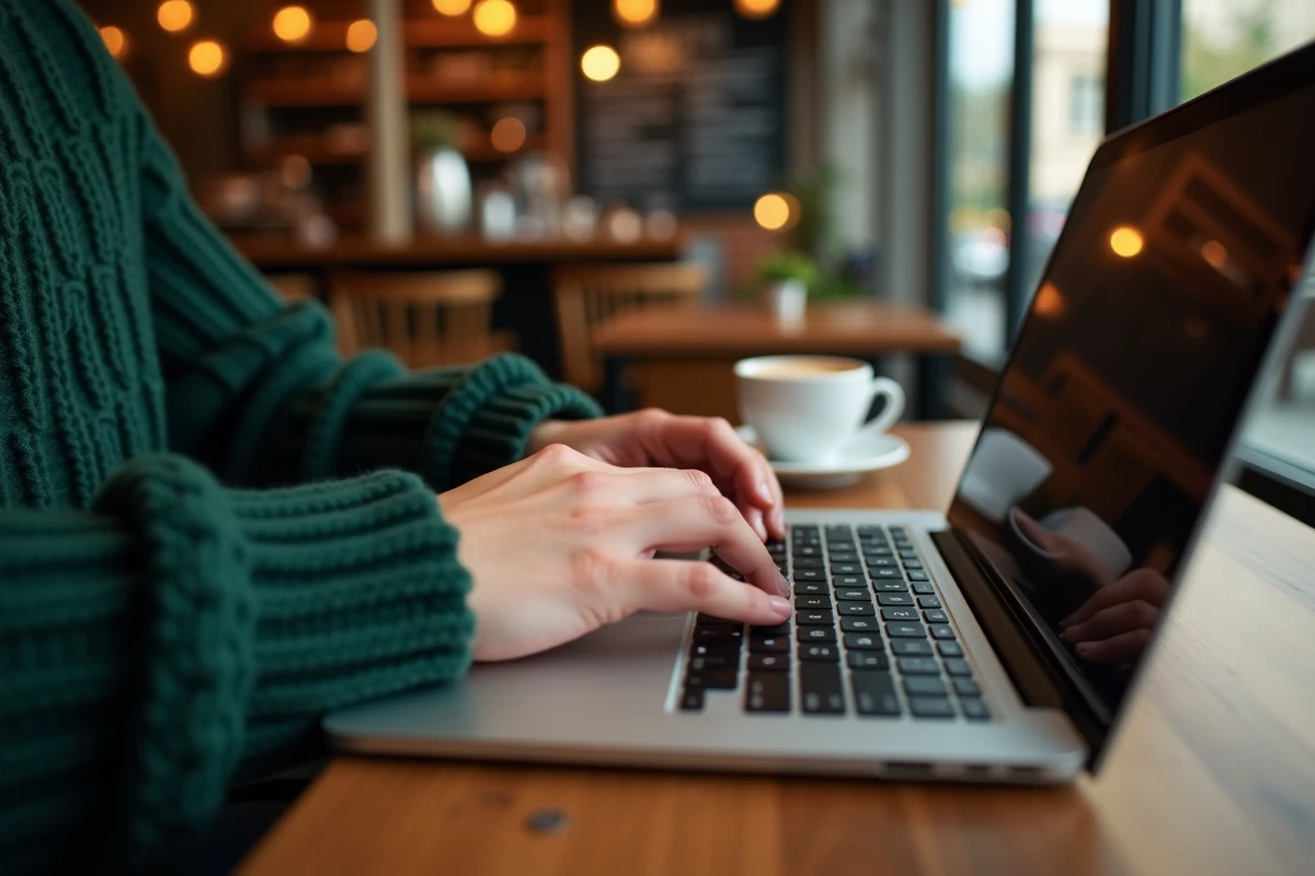 Gros plan de mains tapant sur un ordinateur portable dans un café pour accéder à un compte mail AOL en toute sécurité
