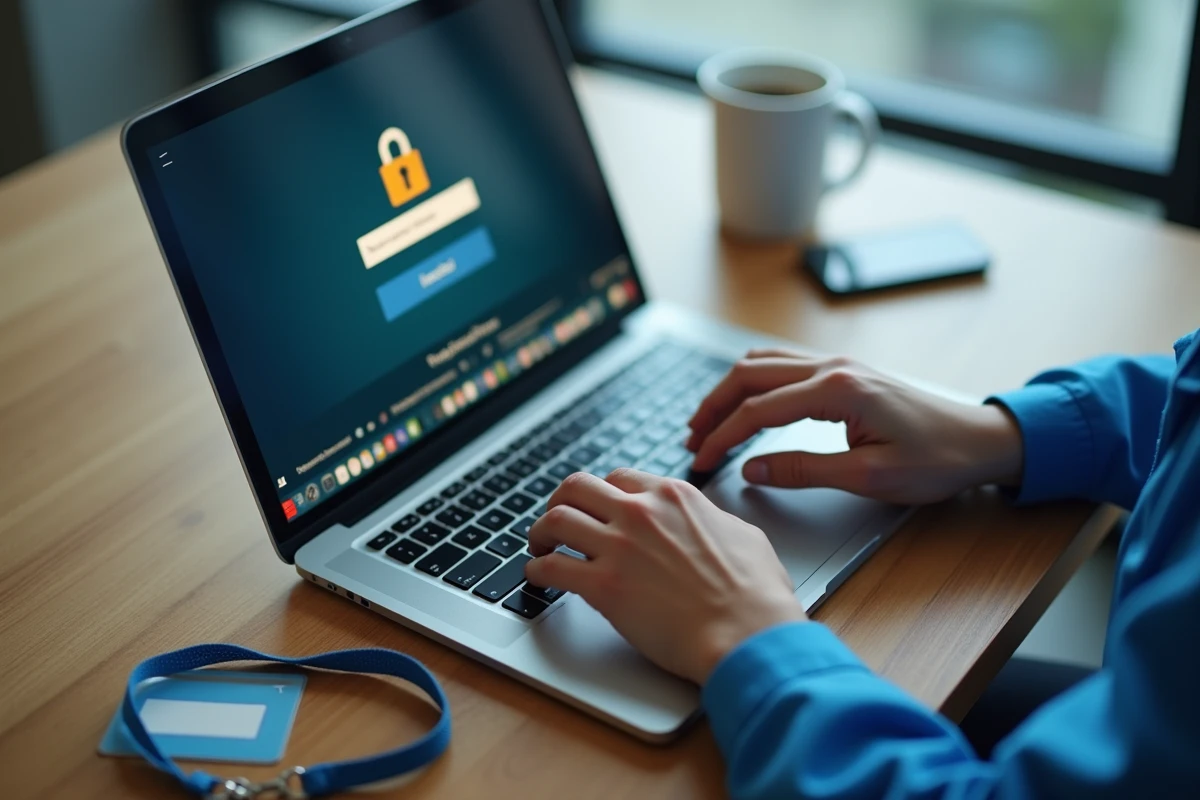 Mains d'un employé hospitalier saisissant ses identifiants sur un portail de connexion sécurisé de la messagerie APHP
