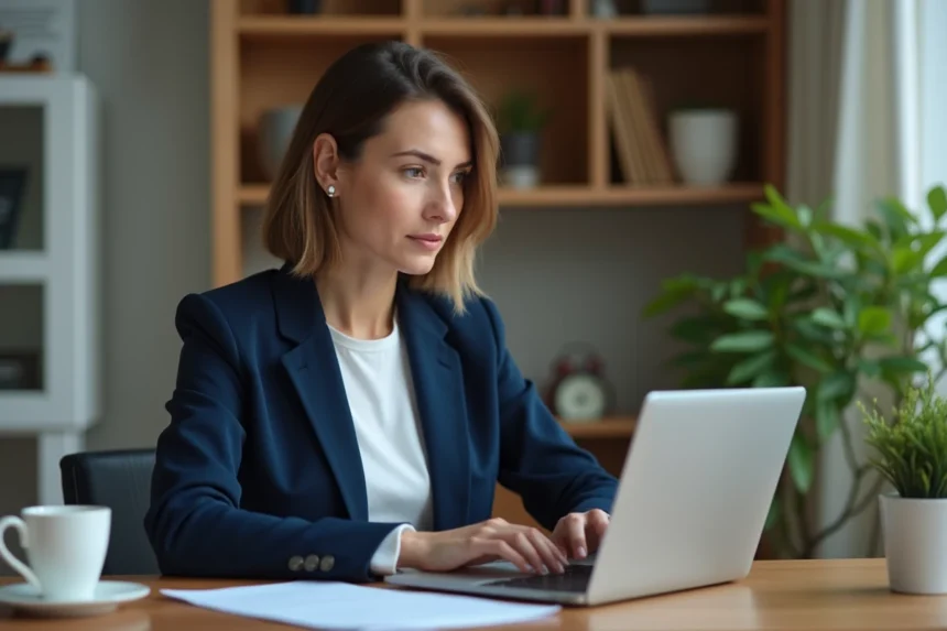 Femme professionnelle se connectant à un webmail depuis son bureau à domicile sur un ordinateur portable