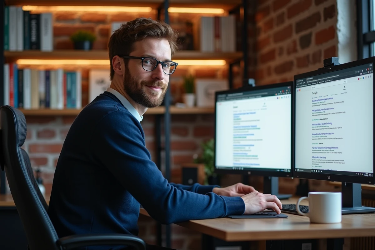 Un consultant SEO travaillant depuis son bureau à domicile en analysant les résultats Google américains sur deux écrans