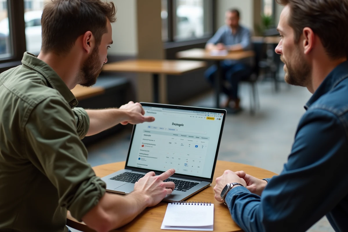 Consultant webmaster présentant un audit SEO et une stratégie de référencement à un client en réunion
