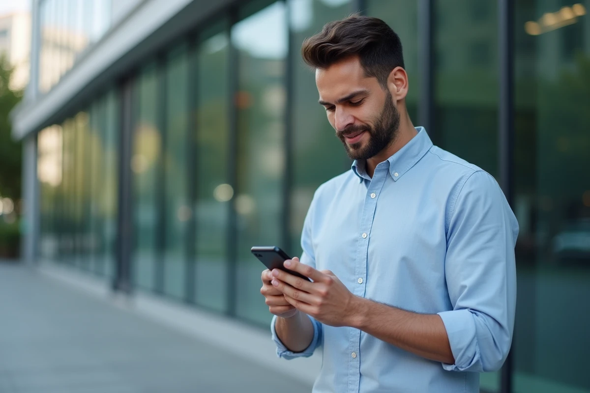 Jeune professionnel consultant son webmail sur smartphone depuis l'extérieur d'un bâtiment urbain