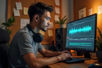 Homme avec casque audio réglant les paramètres de conversion MP3 sur un logiciel audio sur ordinateur portable