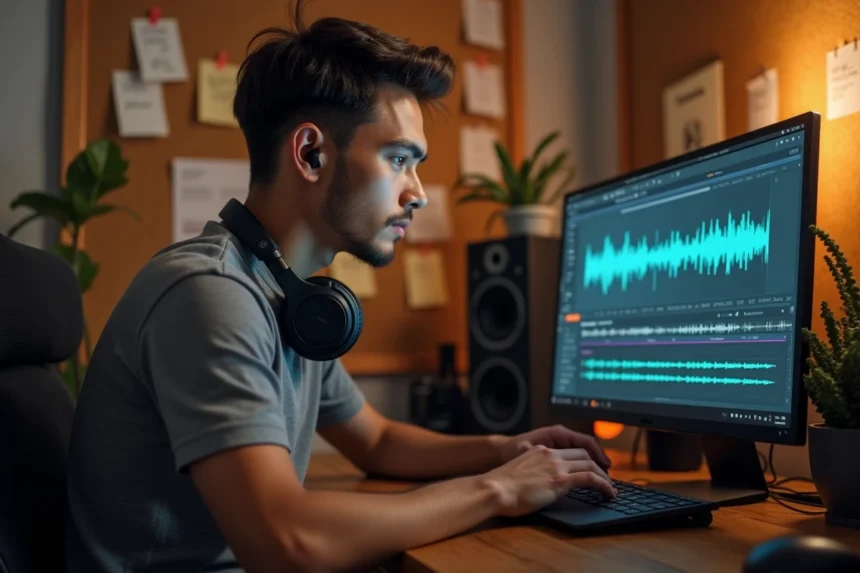 Homme avec casque audio réglant les paramètres de conversion MP3 sur un logiciel audio sur ordinateur portable