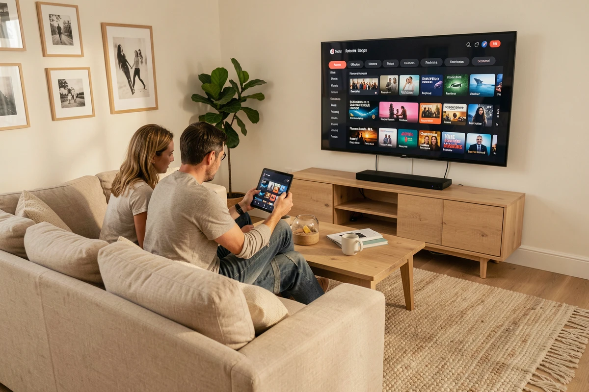Couple utilisant une tablette et une télévision connectée pour regarder des services de streaming légaux à la maison