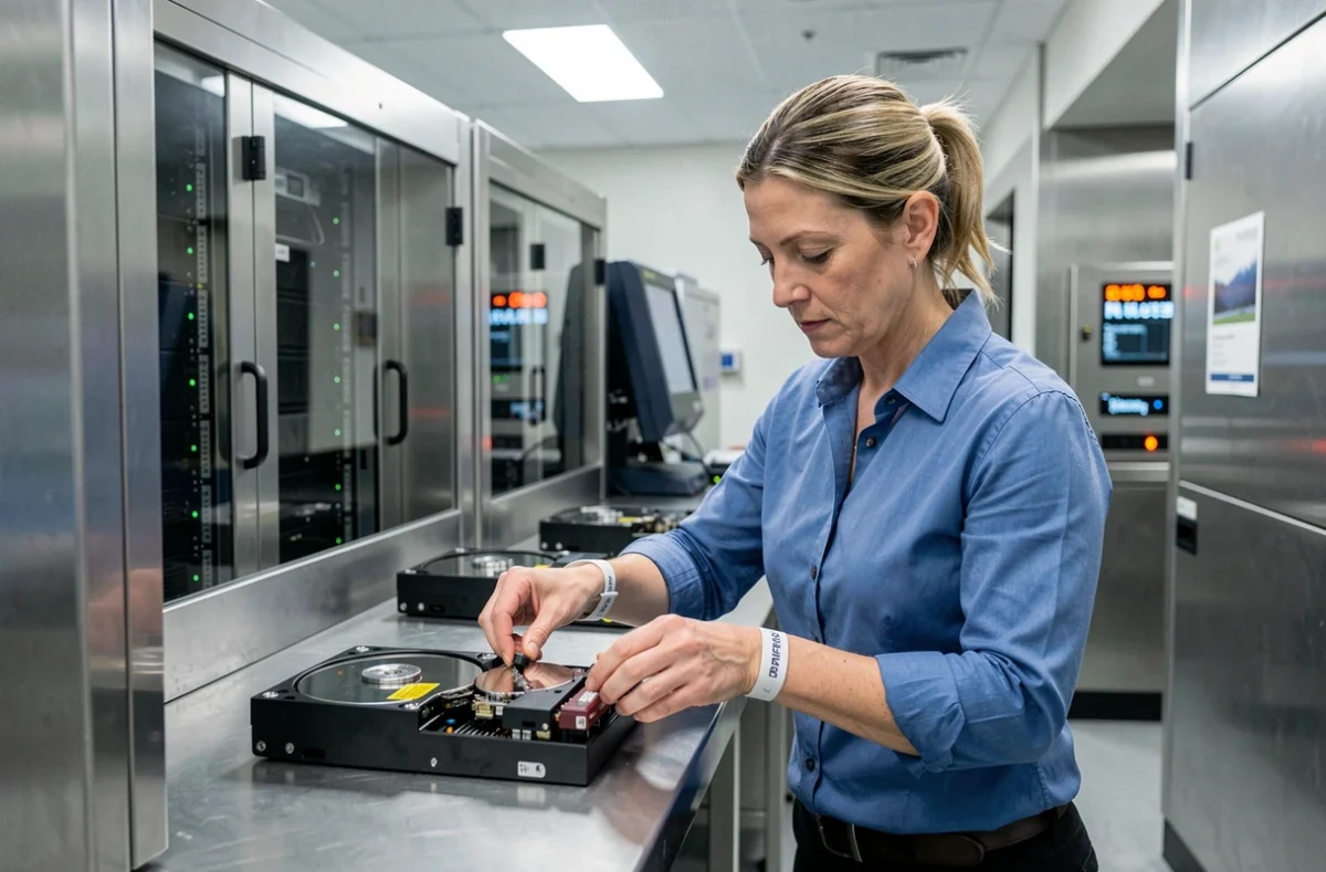 Technicienne de Dafotec Sas récupérant des données sur un disque dur dans un laboratoire professionnel