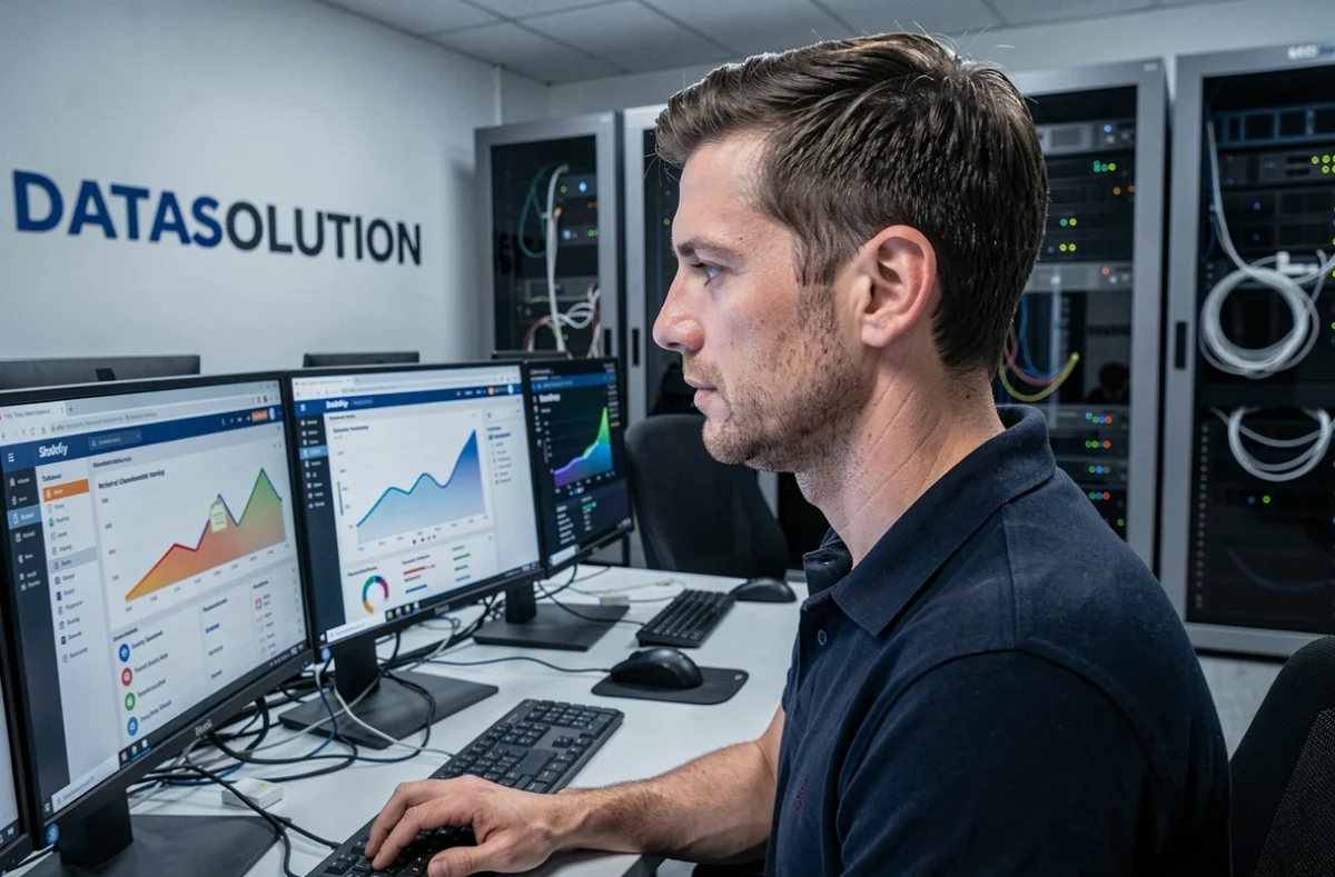 Analyste de DATASOLUTION travaillant sur des tableaux de bord et une interface Shopify dans un environnement technique