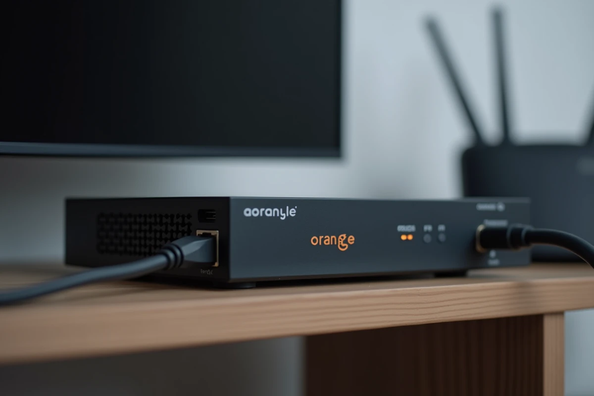 Décodeur TV Orange avec câble ethernet débranché et routeur Wi-Fi en arrière-plan flou