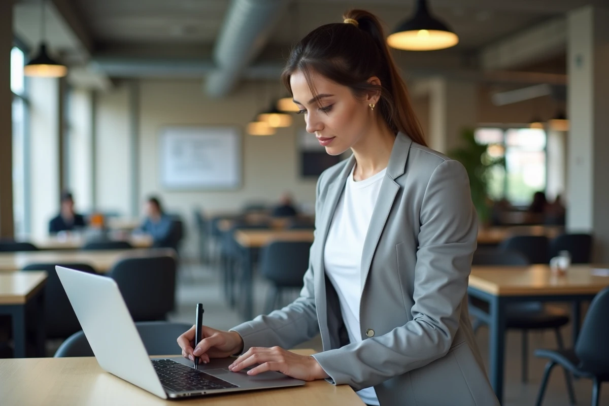 Designer web freelance gérant la maintenance d'un site internet dans un espace de coworking moderne