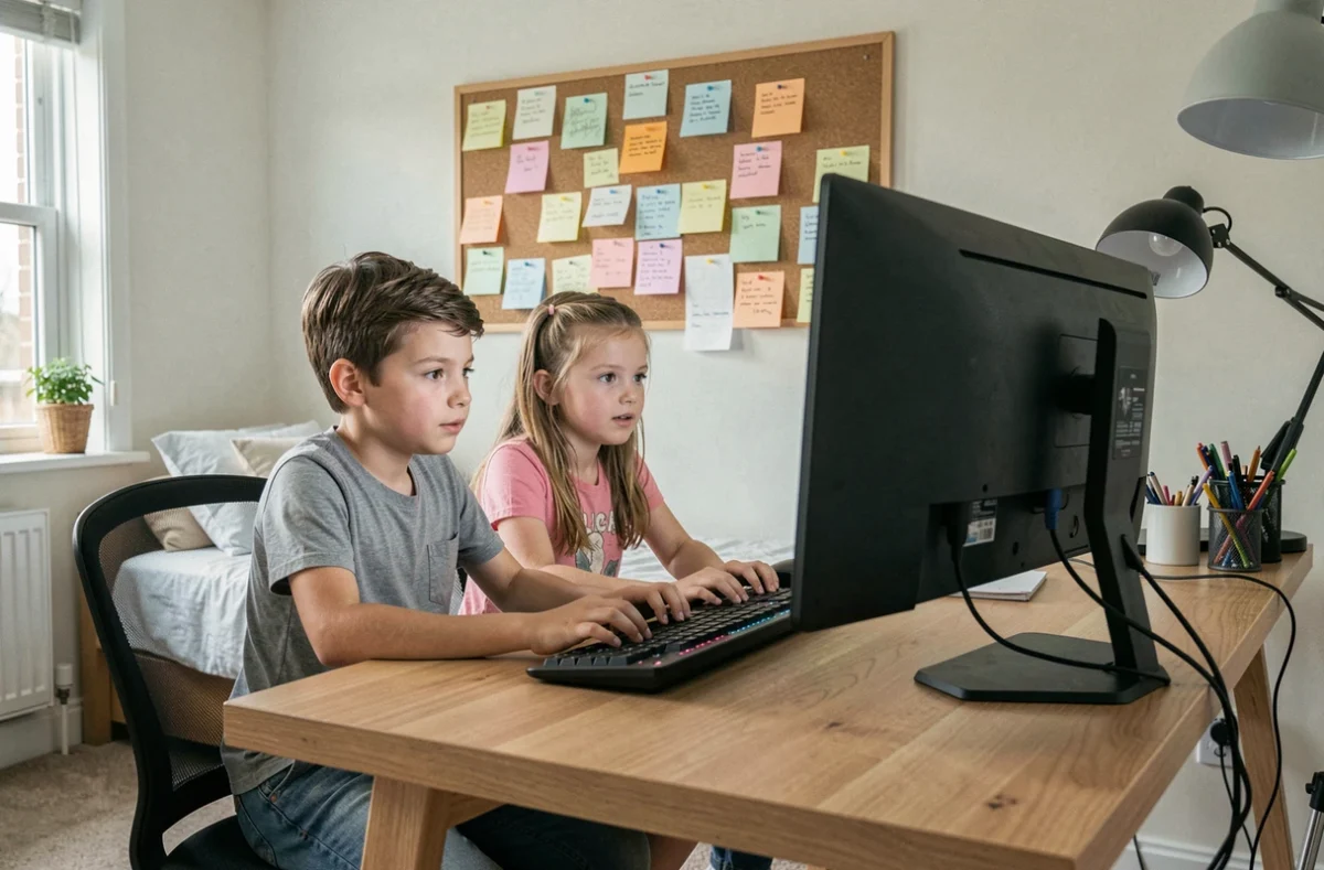 Deux enfants assis côte à côte qui s'initient ensemble à la frappe sur clavier d'ordinateur de bureau dans une chambre