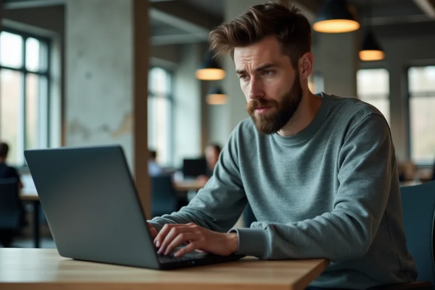 Développeur web tapant une commande pip install dans un terminal sur un laptop dans un bureau moderne