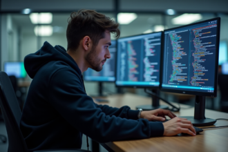 Jeune homme en hoodie travaillant sur un ordinateur de cybersécurité