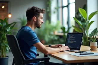 Jeune developpeur en t-shirt bleu travaillant sur un laptop