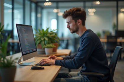Jeune homme developpeur concentré sur son ordinateur dans un bureau moderne