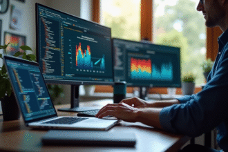Développeur tapant sur un ordinateur avec écrans de performance web