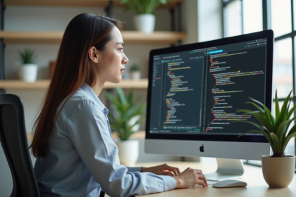 Femme en bureau regardant un code CSS sur l'écran