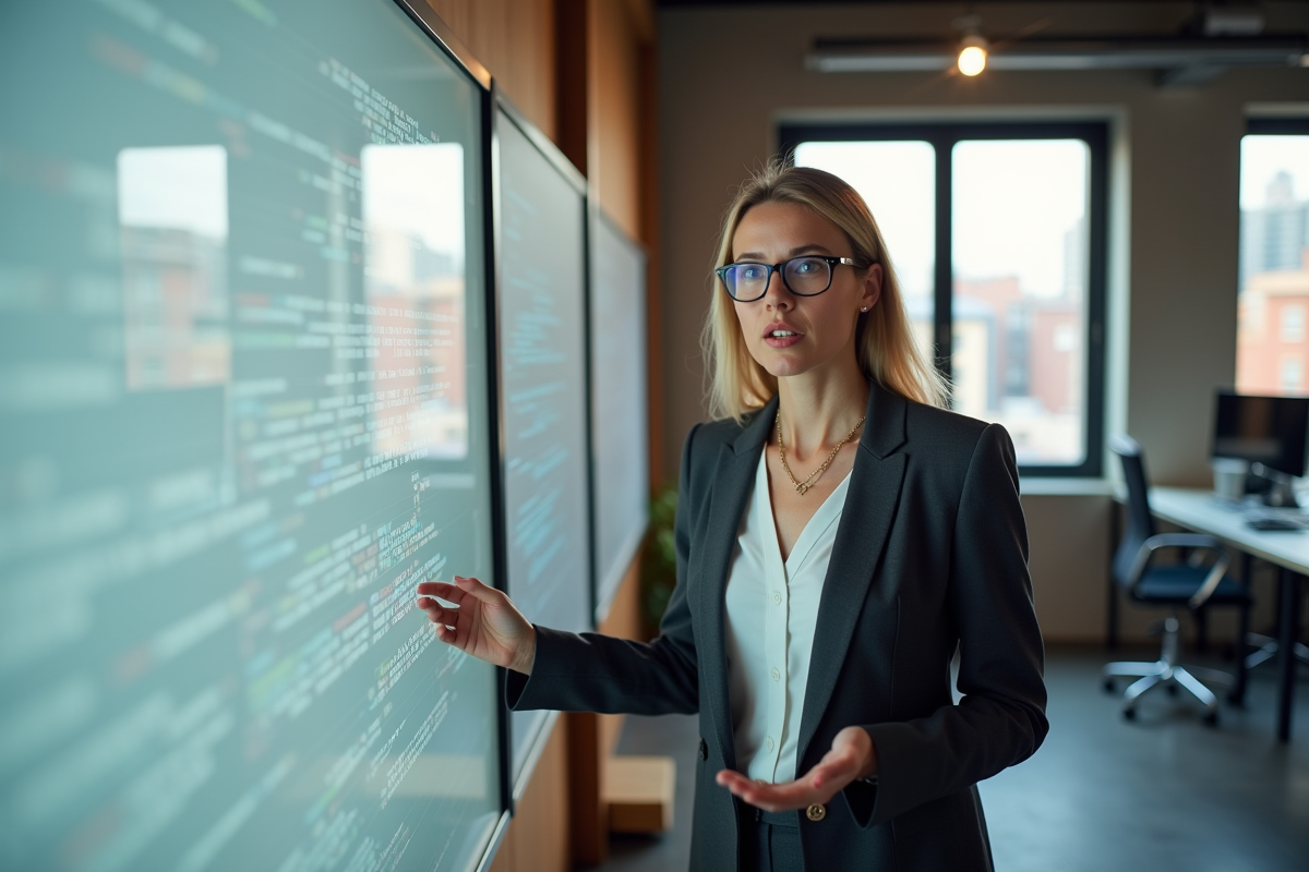 Femme developpeuse expliquant des diagrammes devant un whiteboard en intérieur