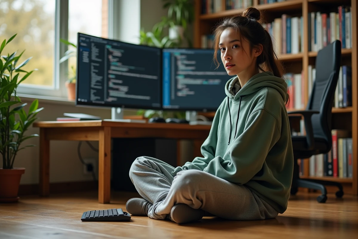 Développeuse utilisant pipenv et poetry dans un environnement home office avec terminal ouvert