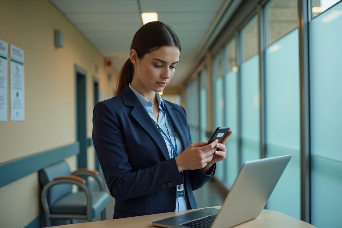 Administratrice hospitalière réalisant une double authentification sur smartphone pour accéder à la messagerie sécurisée APHP