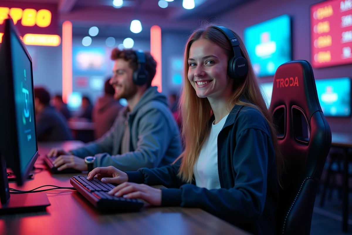 Jeune femme et homme souriants dans un café gaming dynamique